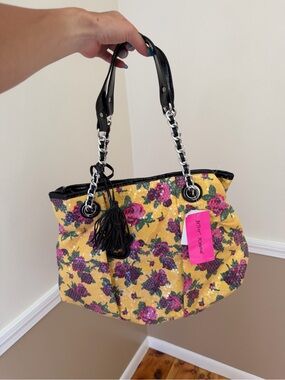 Betsey Johnson Yellow Floral Sequin Shoulder Bag with Black Trim